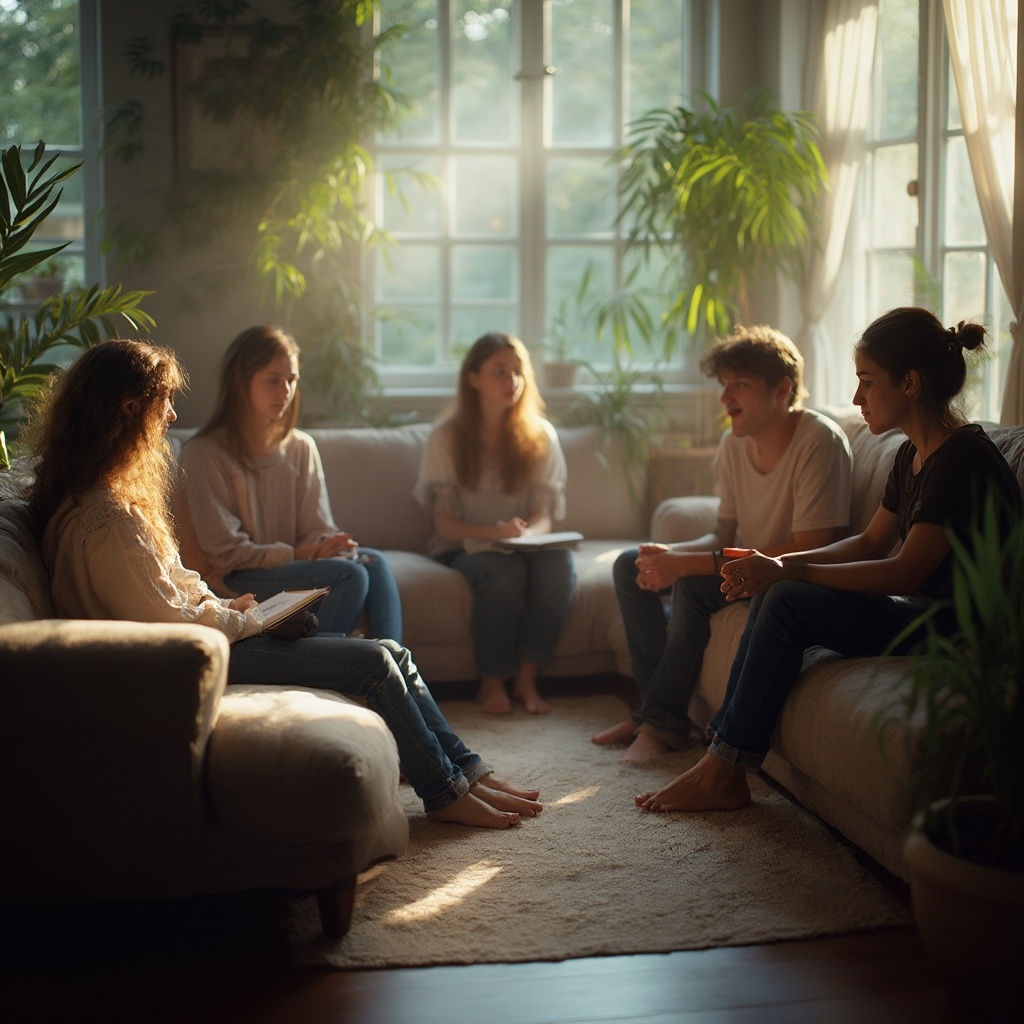 a group of five teens sit on couches during a therapy session