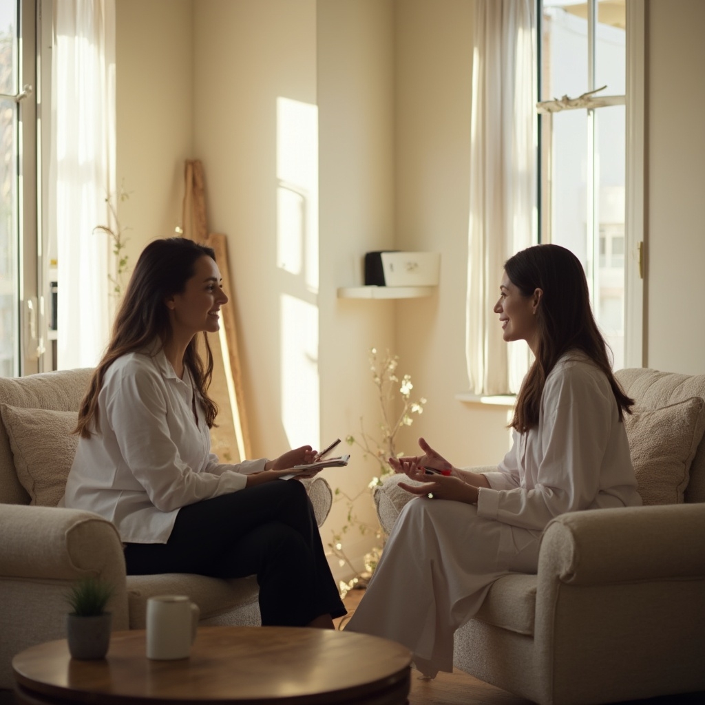 a therapist sits with her client in a brightly lit room