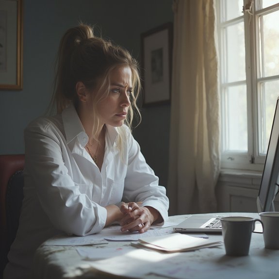 female therapist sits in front of laptop looking worried