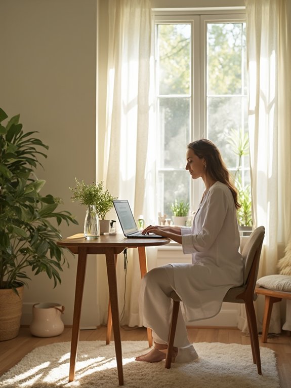 therapist working on her laptop in a brightly lit but relaxed room