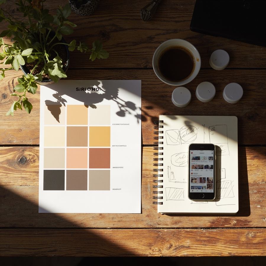 Branding moodboard flat lay with color swatches and notebook