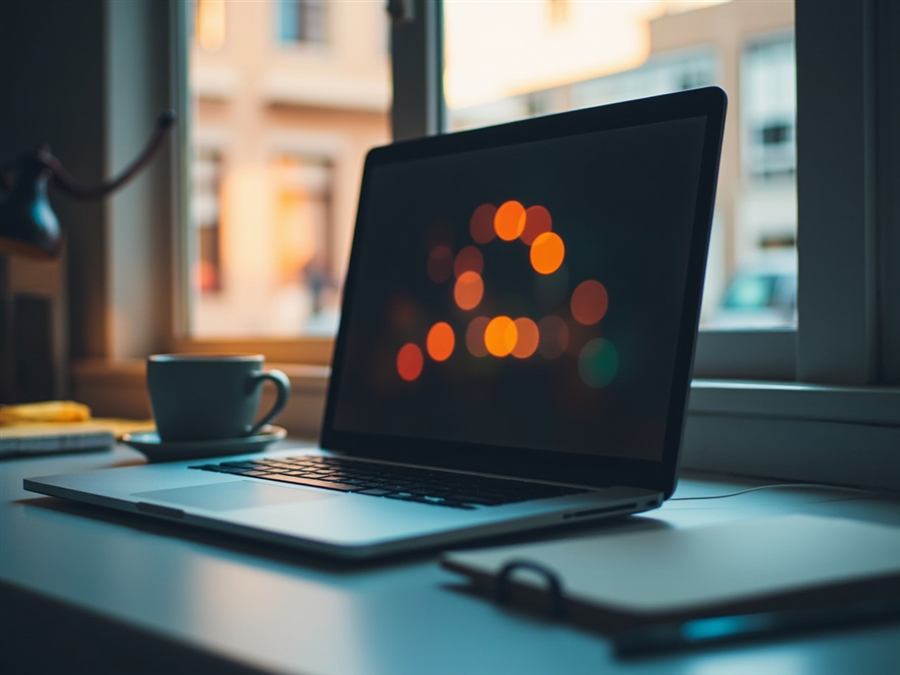 Desk workspace with laptop, coffee, and soft window light